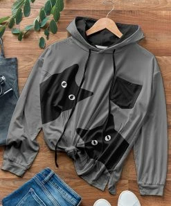 Nanu Gray & Black Cat Pocket-Accent Hacci Drawstring Hoodie - Plus