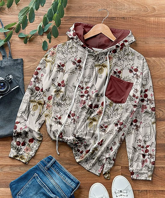 Nanu Cream & Burgundy Floral Hoodie - Women 1 Nanu Cream & Burgundy Floral Hoodie - Women
