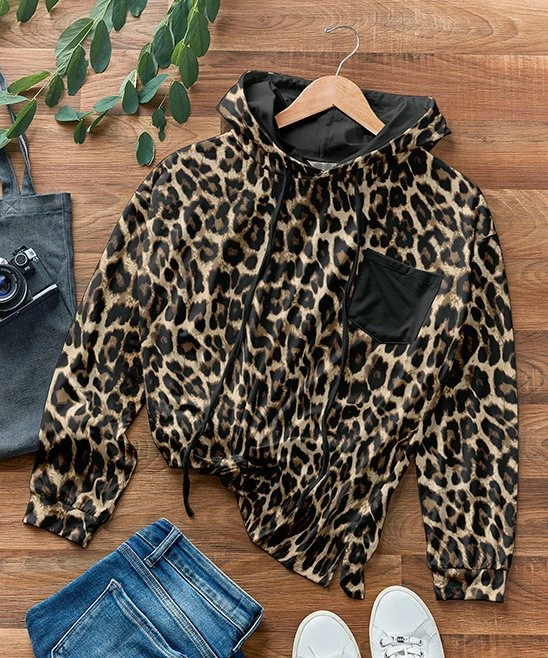 Nanu Brown & Black Leopard Pocket Relaxed Hoodie - Women 1 Nanu Brown & Black Leopard Pocket Relaxed Hoodie - Women