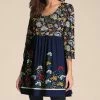 Nanu Dark Blue Floral Three-Quarter Sleeve Empire-Waist Tunic - Women