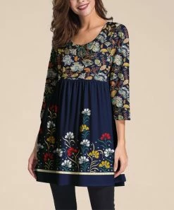Nanu Dark Blue Floral Three-Quarter Sleeve Empire-Waist Tunic - Women