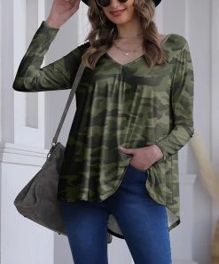 Nanu Green & Black Camo V-Neck Long-Sleeve Tunic - Women