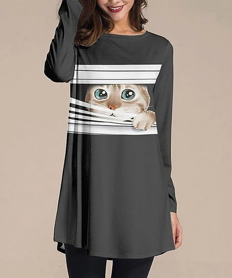 Nanu Dark Gray Cat In Blinds Long-Sleeve Tunic - Plus 1 Nanu Dark Gray Cat In Blinds Long-Sleeve Tunic - Plus
