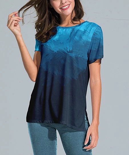 Nanu Blue & Navy Abstract Ombré Slit-Sleeve Split-Hem Tunic - Women 1 Nanu Blue & Navy Abstract Ombré Slit-Sleeve Split-Hem Tunic - Women