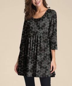 Nanu Black & Gray Geometric Three-Quarter Sleeve Empire-Waist Tunic - Women & Plus