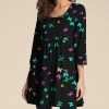 Nanu Black & Purple Butterfly Three-Quarter Sleeve Empire-Waist Tunic - Women
