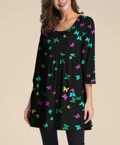 Nanu Black & Purple Butterfly Three-Quarter Sleeve Empire-Waist Tunic - Women