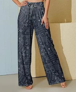 Nanu Dark Gray-Blue Paisley Palazzo Pants - Plus