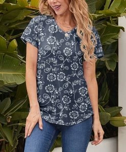 Nanu Dark Blue & White Floral V-Neck Curved-Hem Tee - Plus