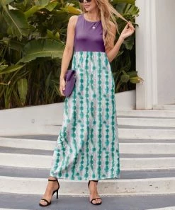 Nanu Green & Purple Tie-Dye Color Block Sleeveless Ruched-Waist Maxi Dress - Women