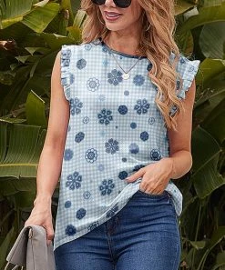 Nanu Blue & White Floral Plaid Ruffle-Accent Tank - Women & Plus