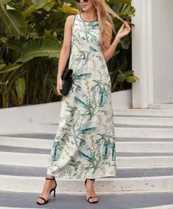 Nanu Cream & Green FLoral Sleeveless Ruched-Waist Maxi Dress - Women