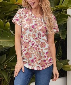 Nanu White & Fuchsia Floral V-Neck Curved-Hem Tee