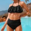 Nanu Black Ruffle Halter Bikini Top & Ruched Bottoms - Women & Plus