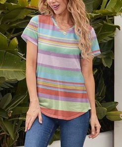 Nanu Light Blue & Pink Stripe Crewneck Curved-Hem Tee - Plus
