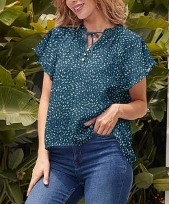 Nanu Dark Blue & Navy Abstract Tie-Neck Chiffon Flutter-Sleeve Top - Plus