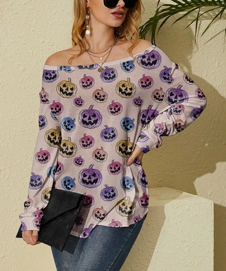 Nanu Purple & Blue Pumpkins Hacci Boatneck Dolman Pullover - Women 1 Nanu Purple & Blue Pumpkins Hacci Boatneck Dolman Pullover - Women