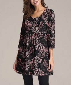 Nanu Black & Rose Leaves Three-Quarter Sleeve Empire-Waist Tunic - Women & Plus