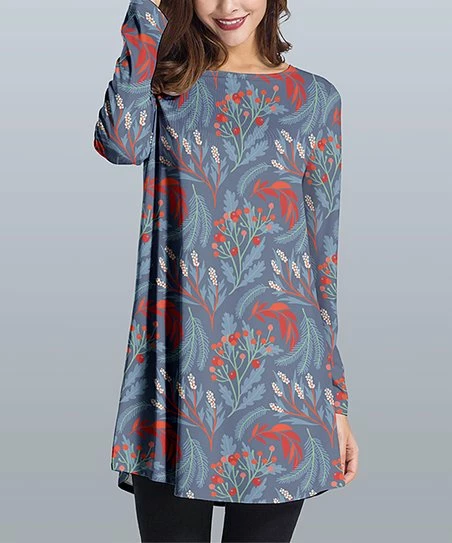 Nanu Coral & Night Blue Scandinavian Floral Long-Sleeve Tunic - Plus 1 Nanu Coral & Night Blue Scandinavian Floral Long-Sleeve Tunic - Plus