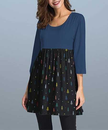 Nanu Black & Dark Blue Trees Three-Quarter Sleeve Empire-Waist Tunic - Plus 1 Nanu Black & Dark Blue Trees Three-Quarter Sleeve Empire-Waist Tunic - Plus
