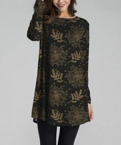 Nanu Black & Gold Floral Long-Sleeve Tunic - Women & Plus