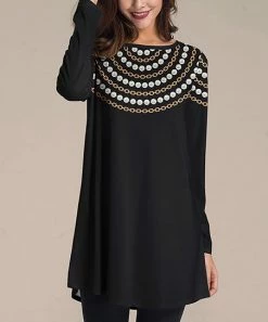 Nanu Black & Gold Chain & Pearl Long-Sleeve Tunic - Women & Plus
