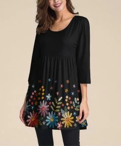 Nanu Black Floral Three-Quarter Sleeve Empire-Waist Tunic - Women & Plus