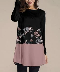 Nanu Black & Mauve Color Block Floral Long-Sleeve Tunic - Women & Plus