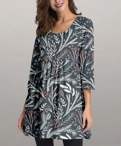 Nanu Dark Gray & Orange Plants Three-Quarter Sleeve Empire-Waist Tunic - Women