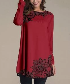 Nanu Dark Red & Black Floral Long-Sleeve Tunic - Women