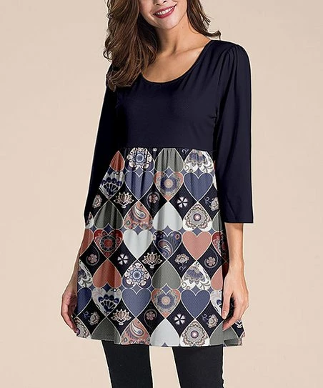 Nanu Dark Purple Hearts Three-Quarter Sleeve Empire-Waist Tunic - Women 1 Nanu Dark Purple Hearts Three-Quarter Sleeve Empire-Waist Tunic - Women