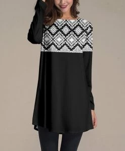 Nanu Black & White Contrast Geometric Long-Sleeve Tunic - Women & Plus