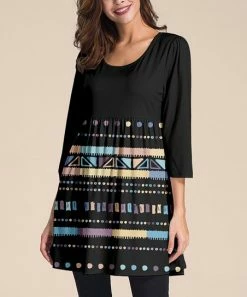 Nanu Black & Taupe Geometric Three-Quarter Sleeve Empire-Waist Tunic - Women & Plus