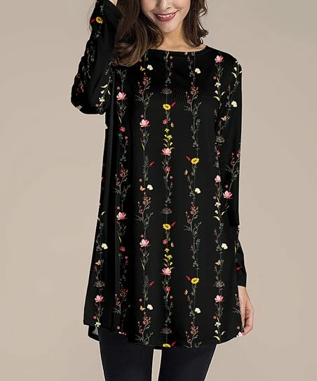 Nanu Black & Pink Floral Vine Long-Sleeve Tunic - Women 1 Nanu Black & Pink Floral Vine Long-Sleeve Tunic - Women