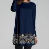 Nanu Dark Blue & Cream Paisley Border Long Sleeve Tunic - Women & Plus