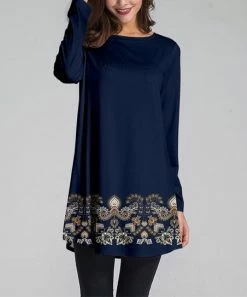 Nanu Dark Blue & Cream Paisley Border Long Sleeve Tunic - Women & Plus