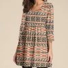 Nanu Cream Geometric Stripe Three-Quarter Sleeve Empire-Waist Tunic - Women & Plus