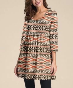 Nanu Cream Geometric Stripe Three-Quarter Sleeve Empire-Waist Tunic - Women & Plus