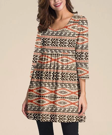 Nanu Cream Geometric Stripe Three-Quarter Sleeve Empire-Waist Tunic - Women & Plus 1 Nanu Cream Geometric Stripe Three-Quarter Sleeve Empire-Waist Tunic - Women & Plus