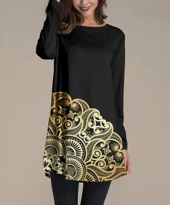 Nanu Black & Gold Abstract Long-Sleeve Tunic - Women