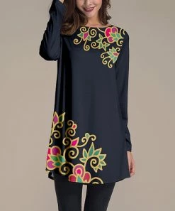 Nanu Dark Blue & Gold Floral Long Sleeve Tunic - Women & Plus