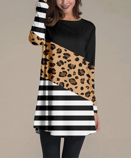Nanu Black & White Stripe Leopard Long-Sleeve Tunic - Women & Plus 1 Nanu Black & White Stripe Leopard Long-Sleeve Tunic - Women & Plus