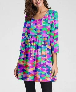Nanu Pink Neon Geometric Three-Quarter Sleeve Empire-Waist Tunic - Women & Plus