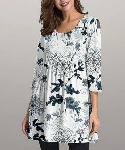 Nanu White & Gray Floral Three-Quarter Sleeve Empire-Waist Tunic - Plus