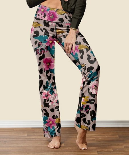 Nanu Black & Pink Flowers Leopard Flared Yoga Pants - Women 1 Nanu Black & Pink Flowers Leopard Flared Yoga Pants - Women