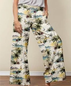 Nanu Cream & Green Beach Scene Palazzo Pants - Plus