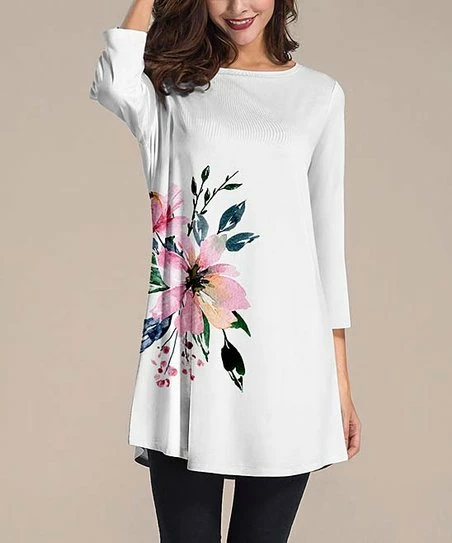 Nanu White & Pink Floral Three-Quarter Sleeve Tunic - Plus 1 Nanu White & Pink Floral Three-Quarter Sleeve Tunic - Plus