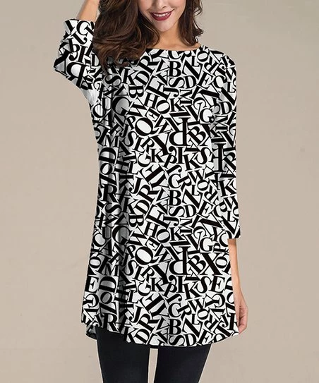 Nanu Black & White Letter Three-Quarter Sleeve Tunic - Plus 1 Nanu Black & White Letter Three-Quarter Sleeve Tunic - Plus