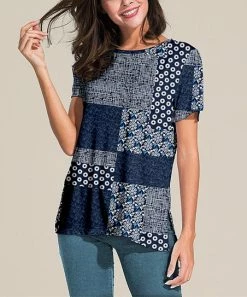 Nanu Dark Blue Patchwork Slit-Sleeve Split-Hem Tunic - Women