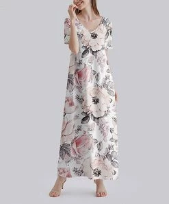 Nanu White & Pink Floral V-Neck Short-Sleeve Maxi Dress - Plus